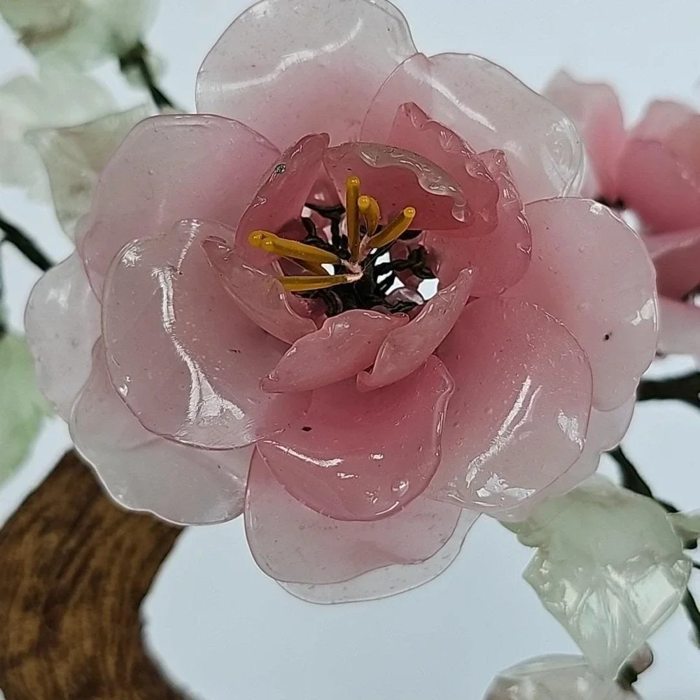 Vintage‎ Chinese Glass Bonsai Tree Pink Cherry Blossom Celadon Pot Chinoiserie